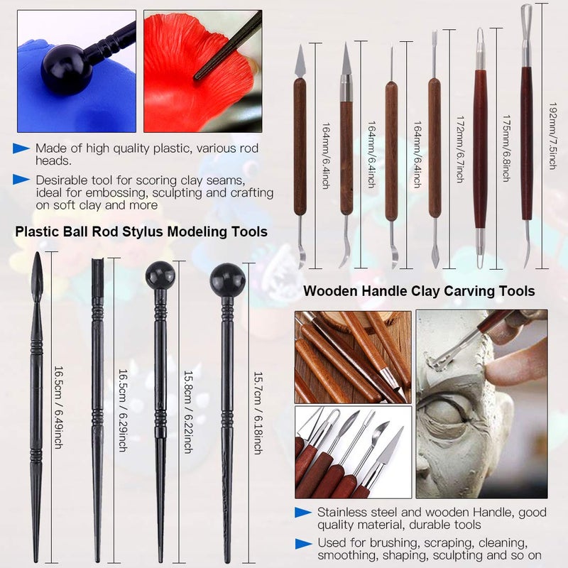 Glarks 21Pcs Carving Modeling Clay Sculpting Tool Set Including Pottery Sculpture Tool, Silicone Tip Pen, Dual-End Dotting Clay Tool, Scraper, Tweezers, Ruler, Acrylic Clay Roller, Acrylic Sheet - Image 3